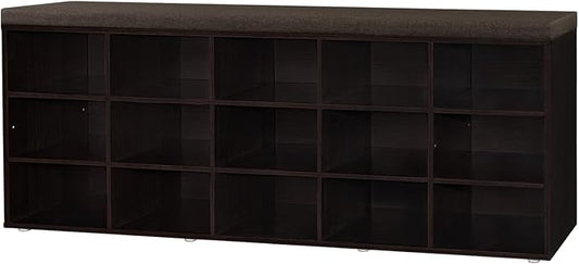 DINZI LVJ Shoe Storage Bench with Cushion, 15-Cubby Shoe Rack, Adjustable Shelves, Long Shoe Organizer Bench for Entryway, Mudroom, Hallway, Living Room, Bedroom and Garage, Espresso
