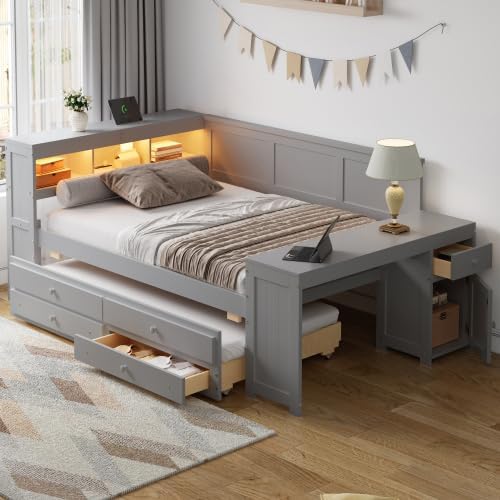 Bellemave Full Corner Bed Frame, Twin Size Captain beds with Storage Cabinets and Desk, Wood Daybed with Bookcase Trundle and Drawers, Gray