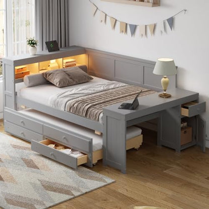 Bellemave Full Corner Bed Frame, Twin Size Captain beds with Storage Cabinets and Desk, Wood Daybed with Bookcase Trundle and Drawers, Gray