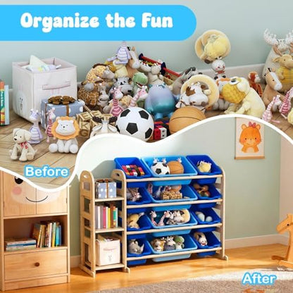 Toy Storage Organizer with Bookshelf, Wooden Toy Organizers with 3 Shelves 12 Storage Bins, Kids Bin Shelf Toys Box Bookcase for Playroom Bedroom Organization, Blue
