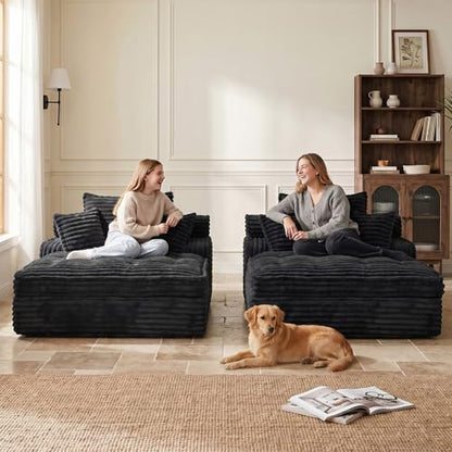 Boneless Chaise Lounge Couch Indoor, Oversized Corduroy Upholstered Sofa Bed Reading Chairs with 3 Pillows, Comfy Cloud Sofas Couches, Deep Seat Sleeper Couch for Bedroom Living Room