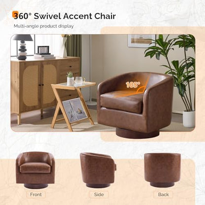 VINGLI 360°Swivel Accent Chair with Engineered Wood Base and Removable Cushion for Living Room, Bedroom, Curved Back Barrel Chair for Small Space, Upholstered Bucket Armchair, Pu-Brown