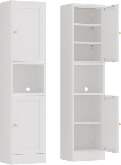 67" Tall Narrow Storage Cabinet with Doors and Open Shelf,Metal Pantry Cabinet,Shaker Style Slim Cabinet with Adjustable Shelves,for Bathroom Kitchen Laundry Small Spaces,White,1Pc
