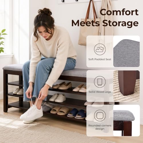 3-Tier Shoe Bench 47" Solid Wood Shoe Storage Bench Entryway