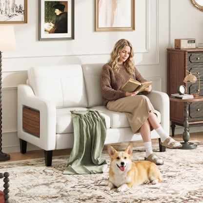 MALOL 51" Leather Loveseat Sofa with Foldable Side Table, Beige