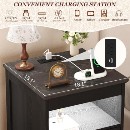 Yusong Farmhouse Night Stand with Gun Drawer & Invisible Lock, 25" Tall LED Bedside Table with Charging Station, End Table with Open Shelf for Bedroom Room (Black)
