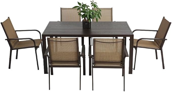 7-Piece Patio Dining Set with Rectangle Table and 6 Stackable Textilene Chairs, Outdoor Furniture for Garden Backyard Deck in Brown
