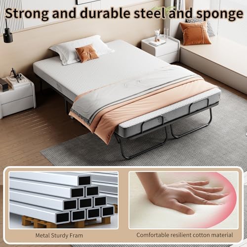 Folding Bed with 5" Memory Mattress, 75"×54" Full Size Double Portable Bed for Adults, Roll Away Foldable Beds on Wheels for Guest,Hideaway,Save Space