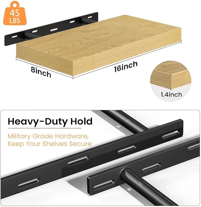 Fun Memories 16 Inch Floating Shelves - Deep Rustic Wooden Wall Shelves - Extra Deeper & Thicker Wall Mounted Storage Shelf for Bedroom, Kitchen, Farmhouse - 2 Pack, Oak