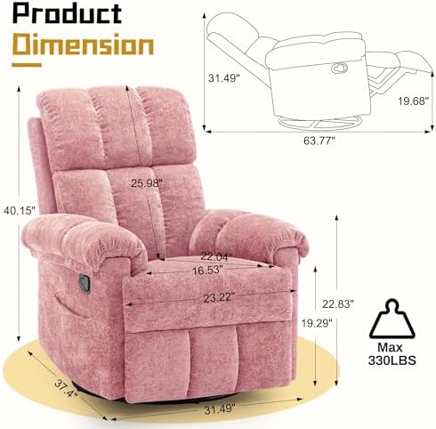 Korser Small Swivel Rocker Recliner Chair, Manual Recliner, Rose Pink