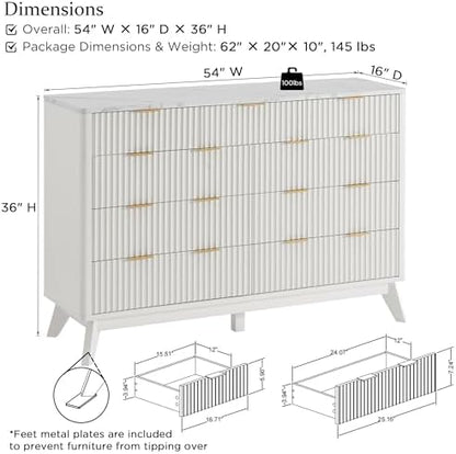 T4TREAM 54" Wide Fluted 9 Drawer Dresser for Bedroom, Solid White
