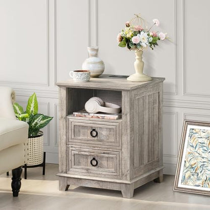 Joaxswe 18" Farmhouse Nightstand with Charging Station & 2 Drawers