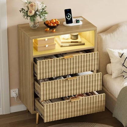 28"W 3 Drawers Dresser for Bedroom with LED and Charging Station, Oak