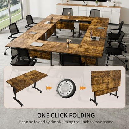 Folding Conference Room Tables, Modular Seminar Conference Table Modern Flip Top Training Meeting Tables, Conference Room Table with Wheels for Home Office Classr, 6 Pack 55.1inch