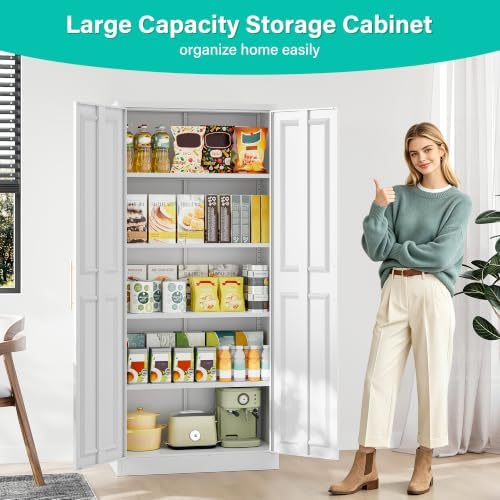 SISESOL 71" Tall Storage Cabinet with 2 Door and 5 Shelves, Wide & Deep Kitchen Pantry Cabinet, White Metal Cabinets,Large Cupboard for Home,Kitchen,Laundry