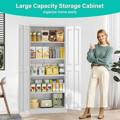 SISESOL 71" Tall Storage Cabinet with 2 Door and 5 Shelves, Wide & Deep Kitchen Pantry Cabinet, White Metal Cabinets,Large Cupboard for Home,Kitchen,Laundry
