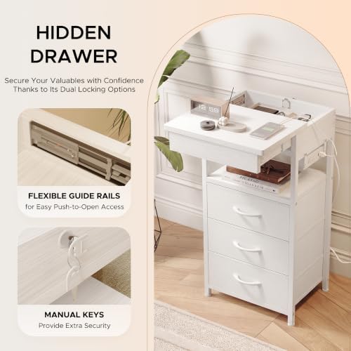 Nightstand with Lockable Hidden Compartment, 3 Drawers, White