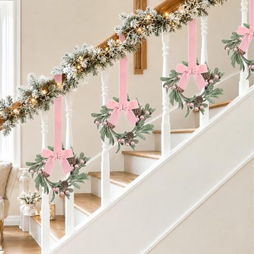 Knitgrip 8 Pcs 8'' Christmas Mini Wreaths for Cabinet, Pink, Pink Velvet