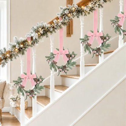 Knitgrip 8 Pcs 8'' Christmas Mini Wreaths for Cabinet, Pink, Pink Velvet
