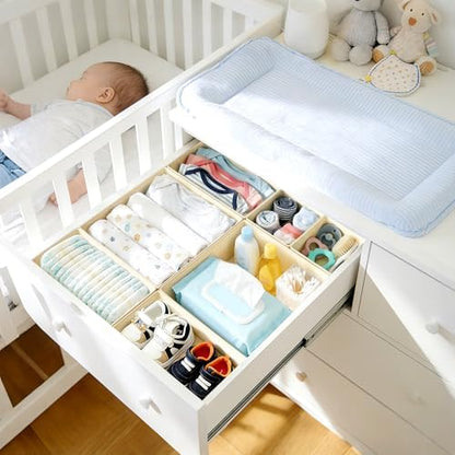 DIMJ Drawer Organizer Clothes, 26 Pack Dresser Organizer, Foldable Closet Organizers and Storage, Fabric Dresser Bins, Drawer Dividers for Nursery, Baby Clothes, Underwears, Sock (Beige)