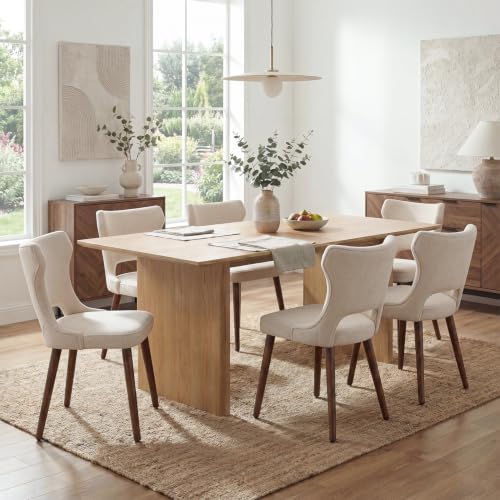 Wooden Dining Chairs Set of 6, Mid Century Dining Room Chairs with Solid Wood Legs, Upholstered Fabric Kitchen Chairs with Ergonomic Curved Backrest for Kitchen Dining Room, Beige