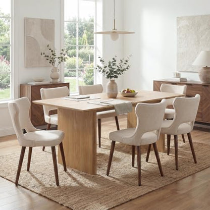 Wooden Dining Chairs Set of 6, Mid Century Dining Room Chairs with Solid Wood Legs, Upholstered Fabric Kitchen Chairs with Ergonomic Curved Backrest for Kitchen Dining Room, Beige