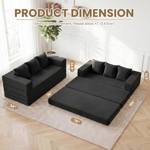 Convertible Sofa Bed,3 Seater Couch Futon Sleeper Sofa with Removable Armrests Backrest,Corduroy Folding Floor Boneless Couch for Living Room,Small Space,Black