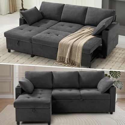 84" Sectional Pull Out Sofa Bed with Adjustable Backrests, Grey