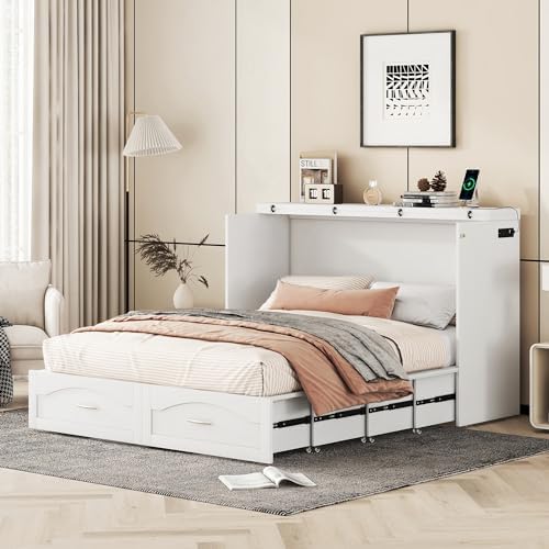 Merax Queen Murphy Bed with Storage Drawers, Pulley Structure Design, Murphy Bed Queen with Sockets & USB Ports, No Box Spring Needed, White