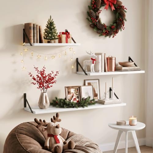 Floating Shelves, 24 x 12 Inches, Set of 2 Wall-Mounted Shelves with Metal Brackets, Decorative Wall Shelf for Living Room, Bedroom, Bathroom (White)