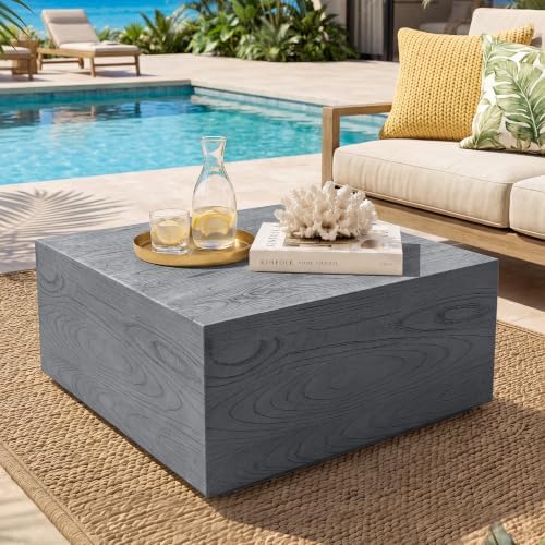 UPHA 28" Square Outdoor Coffee Table, Travertine Look, Gray Wood Finish