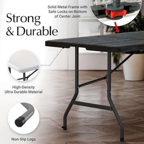 6 Feet Foldable Table with Built in Handle & Steel Legs | 6FT Heavy Duty Folding Portable | Perfect for Party, Dining, Wedding, Events, Picnic Indoor, Outdoor, Camping, Utility, Folding - 6 Foot