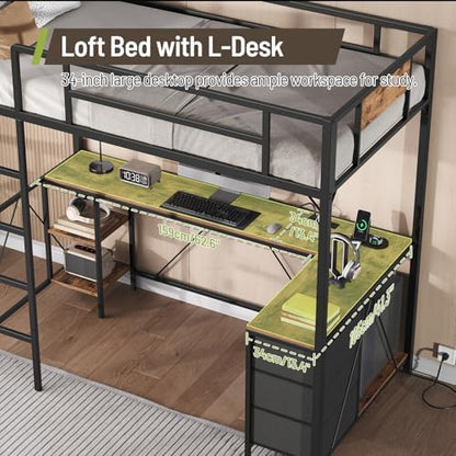 Twin Size Loft Bed with L-Shaped Desk, 3 Storage Drawers, Charging Station, Metal Kids Loft Bed Frame with LED Light & Ladder, Open Storage Shelves, No Box Spring Needed, Rustic Brown & Black