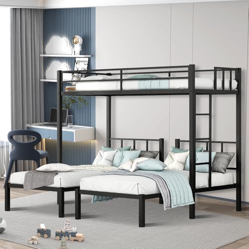 Heavy Duty Triple Bunk Bed for 3,Twin XL Over Twin Over Twin with Guardrails and Ladder, Space-Saving Metal Bunk Beds for Kids Teens Adults, No Box Spring Needed, Black