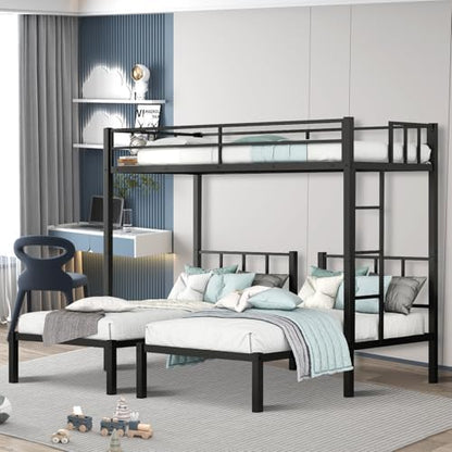 Heavy Duty Triple Bunk Bed for 3,Twin XL Over Twin Over Twin with Guardrails and Ladder, Space-Saving Metal Bunk Beds for Kids Teens Adults, No Box Spring Needed, Black