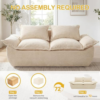 69" Boneless Loveseat Sofa, 2-Seater Beige Boneless Couch for Living Room with Removable Washable Covers, 35.4" Deep Seat, 3 Pillows, No Assembly