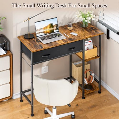 DAOUTIME Small Computer Desk, 36 Inch Writing Desk with Drawers & Storage Shelves, Home Office Writing Desk for Small Spaces, Bedroom, Living Room, Dorm, Rustic Brown