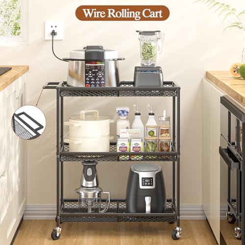 3 Tier Rolling Utility Kitchen Cart, Heavy Duty Wire Rolling Cart on Wheels, Commercial Metal Serving Carts with Handle, Kitchen Island Plant Shelf Food Storage Trolley for Laundry, Office, Garage