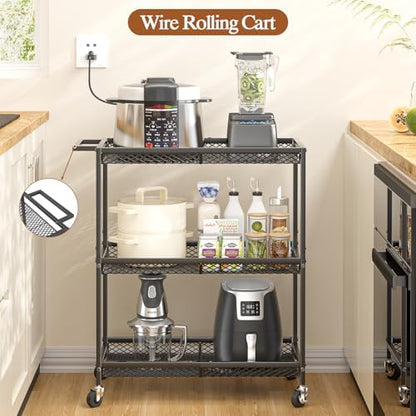 3 Tier Rolling Utility Kitchen Cart, Heavy Duty Wire Rolling Cart on Wheels, Commercial Metal Serving Carts with Handle, Kitchen Island Plant Shelf Food Storage Trolley for Laundry, Office, Garage
