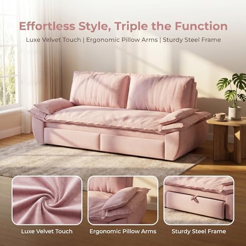 73.2" Sofa Bed Queen, 3-in-1 Pull Out Sofa Bed with Pillow Armrest, Modern Velvet Convertible Sleeper Futon Sofa for Living Room Small Space, Apartment, Bedroom, Pink