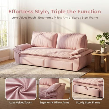 73.2" Sofa Bed Queen, 3-in-1 Pull Out Sofa Bed with Pillow Armrest, Modern Velvet Convertible Sleeper Futon Sofa for Living Room Small Space, Apartment, Bedroom, Pink
