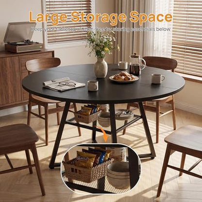 Alpen 47" Round Dining Table for 4-6, Small Kitchen Table with Storage Shelf, Wood Circle Table with Pedestal Metal Frame, Small Space Table for Apartment, Dining Room, Black
