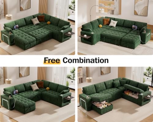 WEUP 111" Modular Sectional Sleeper Sofa with Pull Out Bed, 7 Seat Chenille L Shaped Couch with Storage Chaise|USB Ports|Cup Holders|Side Table|LED Light, Tool Free Assembly, Green