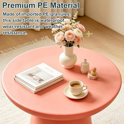 Modern Mushroom Round Side Table, 16" Dusty Pink PE Accent End Table, Waterproof Pedestal Small Coffee Table for Living Room Bedroom, No Assembly Indoor/Outdoor Nightstand