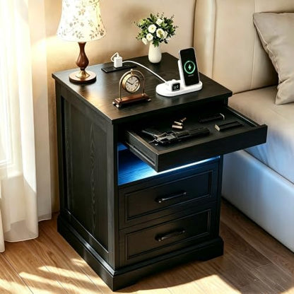 Yusong Farmhouse Night Stand with Gun Drawer & Invisible Lock, 25" Tall LED Bedside Table with Charging Station, End Table with Open Shelf for Bedroom Room (Black)