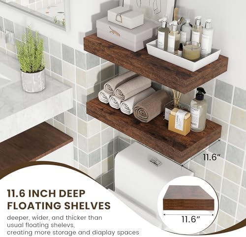 FLYJOE Deep Floating Shelves, 24'' x 12'' Brown Shelves for Wall Set of 2