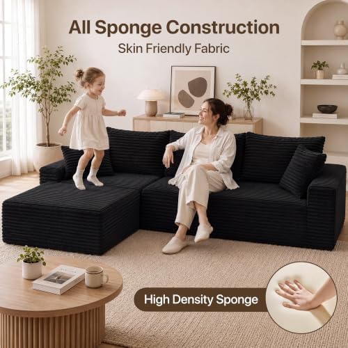 Claiks 94" Boneless Couch, L-Shape Corduroy Sectional Sofa, Black