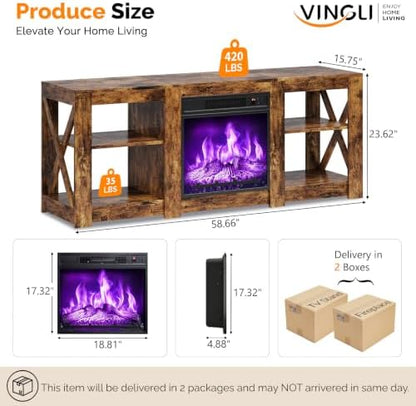 VINGLI Fireplace TV Stand for up to 70 inch TVs, Farmhouse Entertainment Center with Electric Fireplace Heater & Adjustable Shelves, Fireplace Media Console Table for Living Room, Rustic Brown