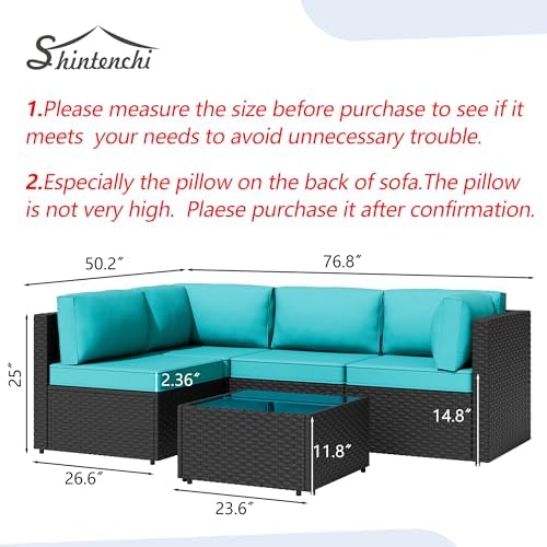 Shintenchi 5 Pieces Outdoor Patio Sectional Sofa Couch, Black PE Wicker Furniture Sets, Patio Conversation Sets with Washable Cushions Coffee Table for Garden, Poolside, Backyard,Blue