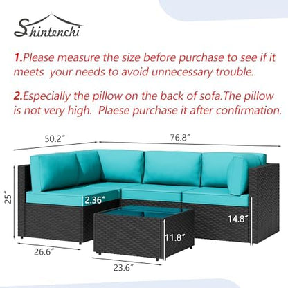 Shintenchi 5 Pieces Outdoor Patio Sectional Sofa Couch, Black PE Wicker Furniture Sets, Patio Conversation Sets with Washable Cushions Coffee Table for Garden, Poolside, Backyard,Blue